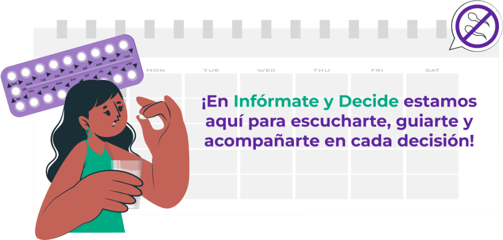 Instrucciones sobre cómo tomar la pastilla del día después correctamente, con una mujer consultando un folleto informativo.